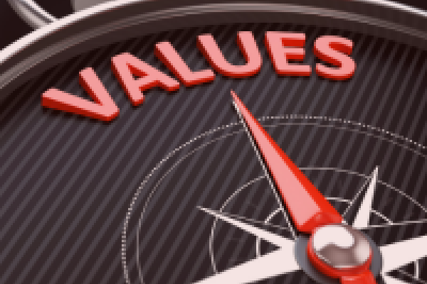 A closeup of a compass with the word "Values" at true north.
