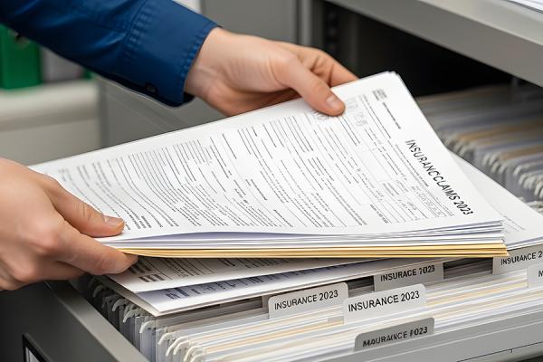 Insurance forms sitting atop an open file cabinet drawer