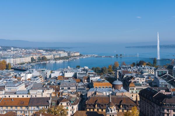 Geneva Switzerland cityscape with water background