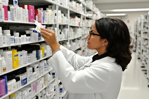 Woman in white lab coat looks at medicine on a shelf in a pharmacy