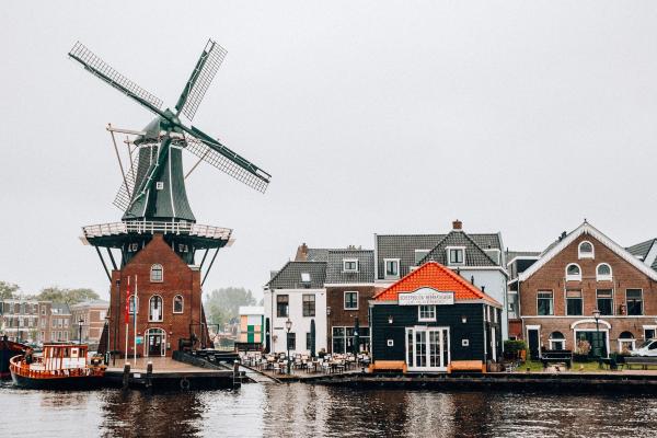 Windmill and buildings in Netherlands.