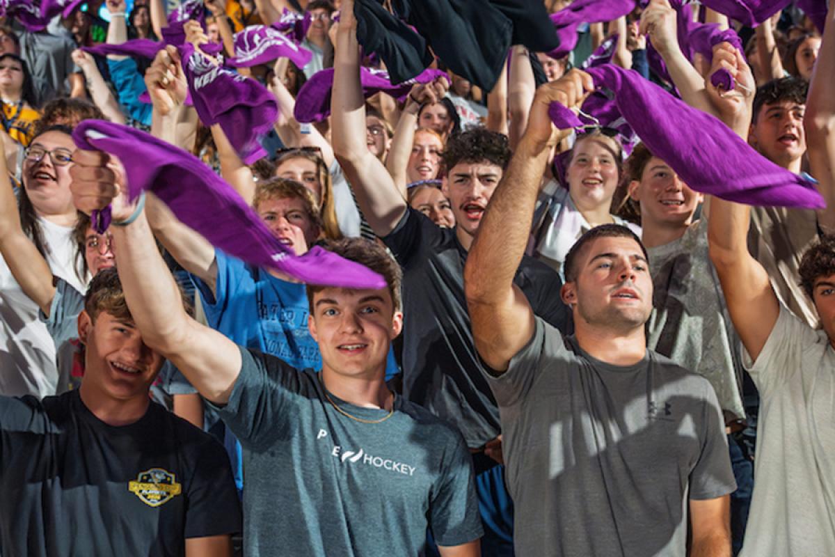 Kent State University first-year students wave their rally towels and cheer during 2026 Convocation. (Photo credit: Rami Daud, Kent State University)