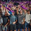 �Ը������� University first-year students wave their rally towels and cheer during 2026 Convocation. (Photo credit: Rami Daud, �Ը������� University)