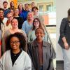 PRSSA Kent standing on the steps in Franklin Hall plus two members in separate photo side by side.